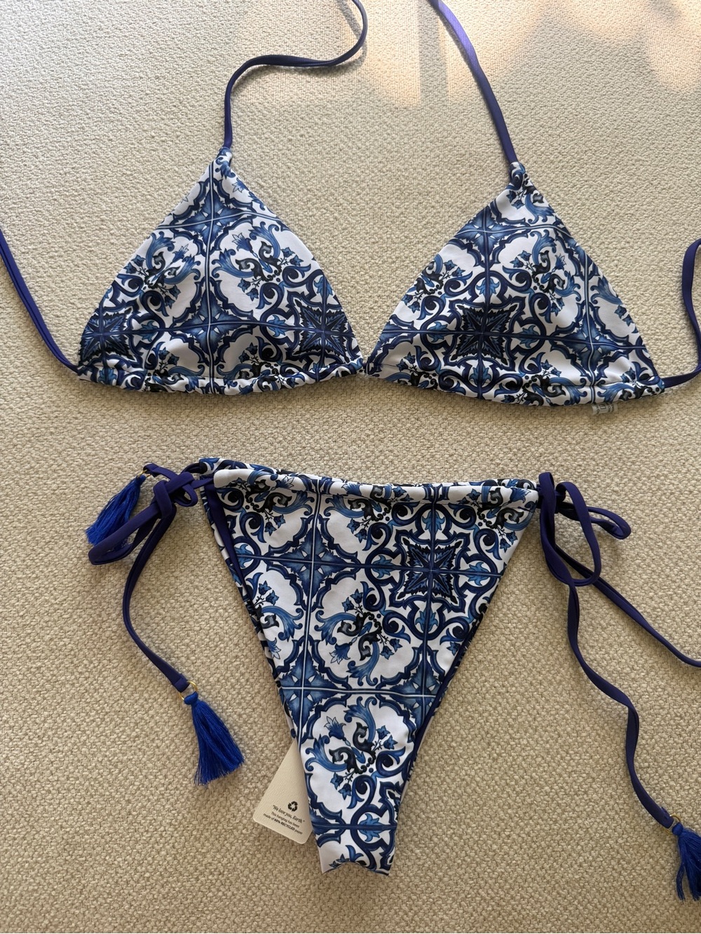Pink Rose Blue & White Tile Print Bikini Set - Picture 3 of 6